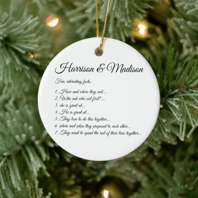 Wedding Script names Couple Fun Facts Custom Photo Ceramic Ornament (Tree)