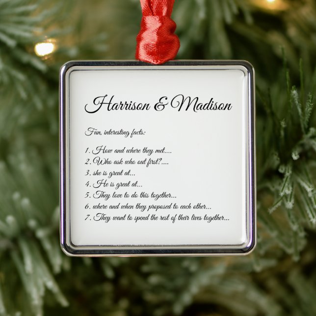 Wedding Script names Couple Fun Facts Custom Photo Metal Ornament (Tree)