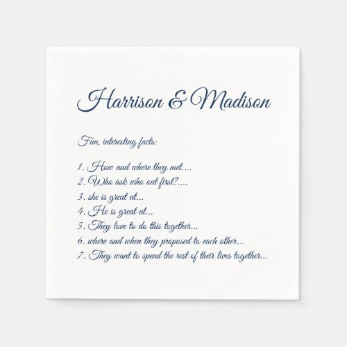 Wedding Script names Couple Fun Facts dark navy Napkins