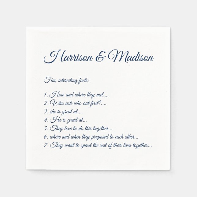 Wedding Script names Couple Fun Facts dark navy Napkins (Front)