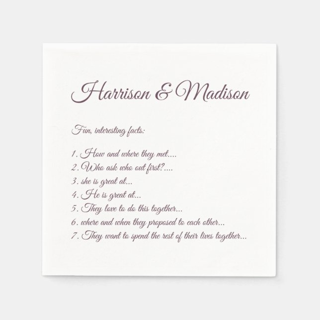 Wedding Script names Couple Fun Facts eggplant Napkins (Front)