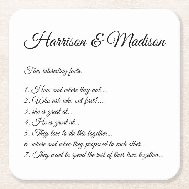 Wedding Script names Couple Fun Facts elegant Square Paper Coaster (Front)