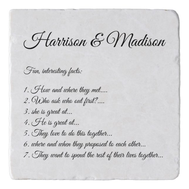 Wedding Script names Couple Fun Facts elegant Trivet (Front)
