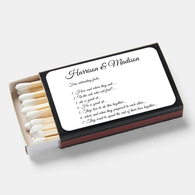 Wedding Script names Couple Fun Facts favors Matchboxes (Front Open)