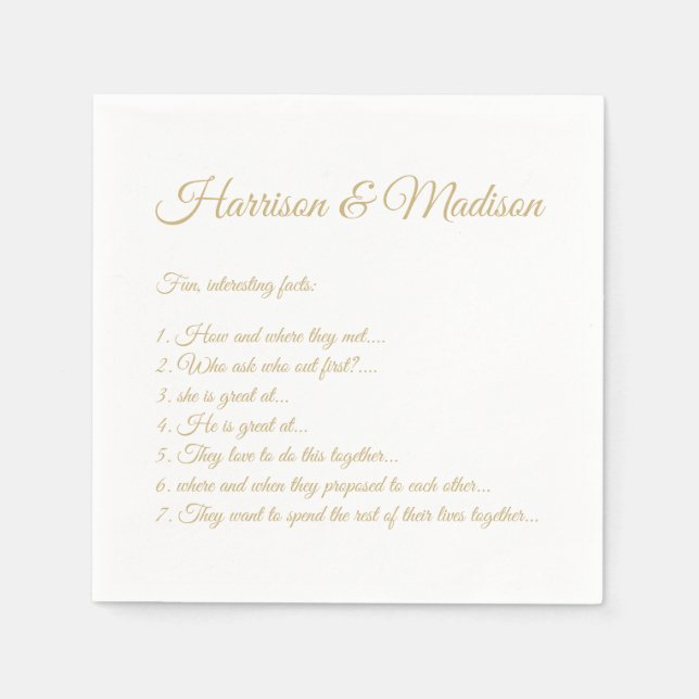 Wedding Script names Couple Fun Facts gold paper Napkins (Front)
