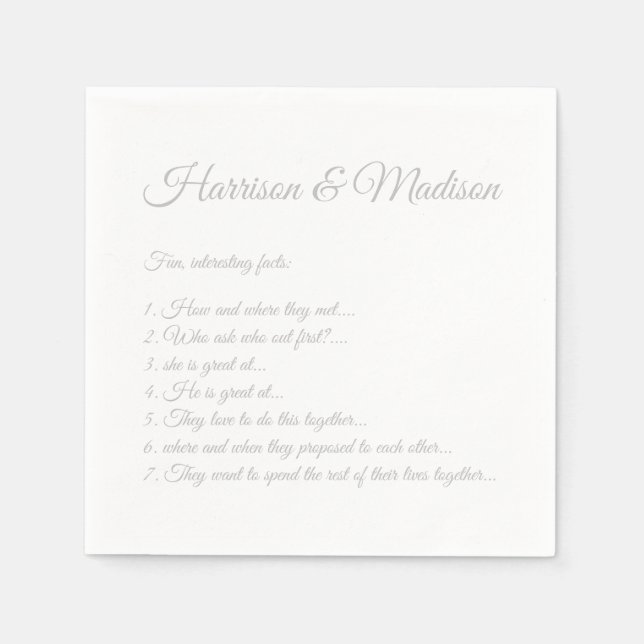 Wedding Script names Couple Fun Facts gray Napkins (Front)