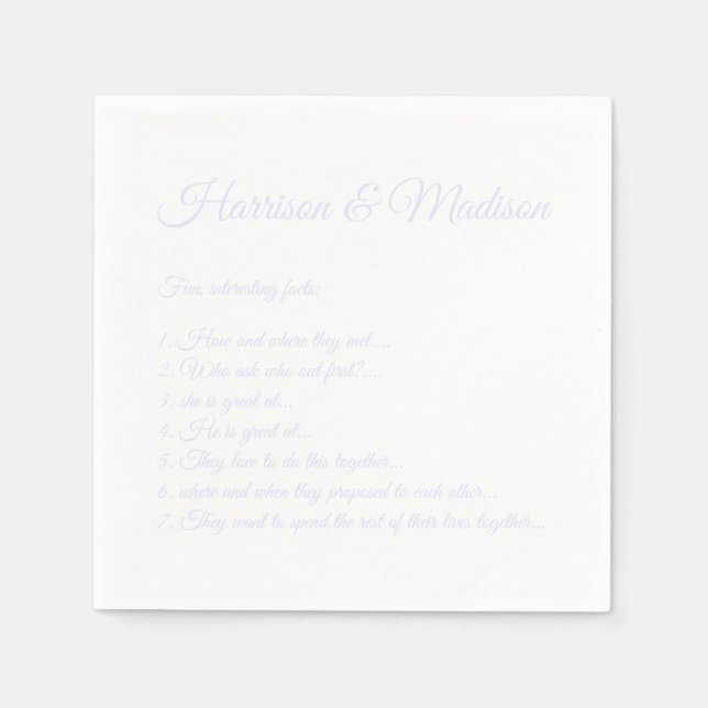 Wedding Script names Couple Fun Facts lavender Napkins (Front)