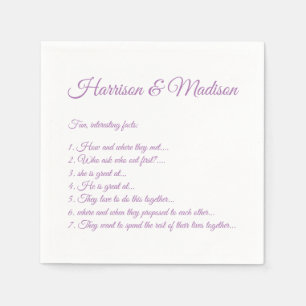 Wedding Script names Couple Fun Facts lavender Napkins