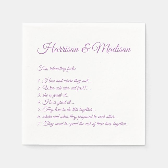 Wedding Script names Couple Fun Facts lavender Napkins (Front)