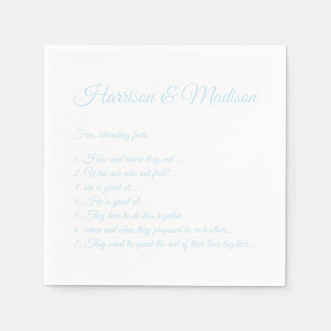 Wedding Script names Couple Fun Facts light blue Napkins (Front)