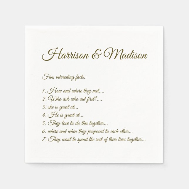 Wedding Script names Couple Fun Facts moss green Napkins (Front)