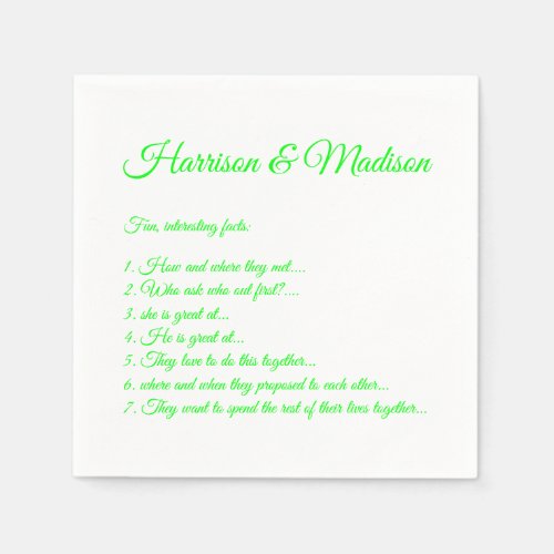 Wedding Script names Couple Fun Facts neon green Napkins