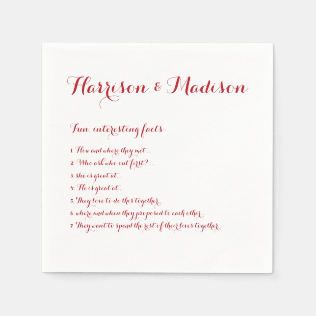 Wedding Script names Couple Fun Facts paper Napkins (Front)