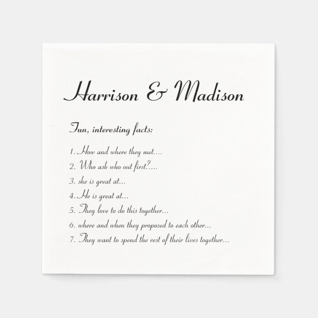 Wedding Script names Couple Fun Facts paper Napkins (Front)