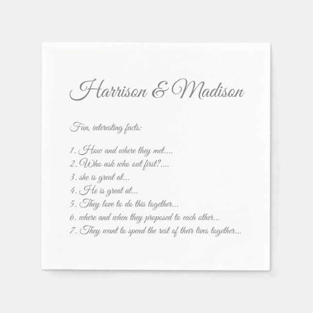 Wedding Script names Couple Fun Facts paper Napkins (Front)
