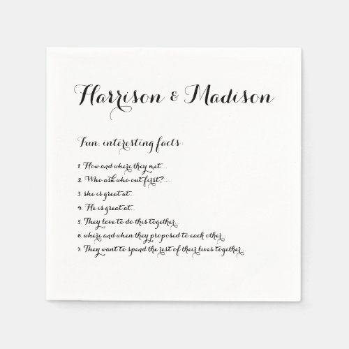 Wedding Script names Couple Fun Facts paper Napkins