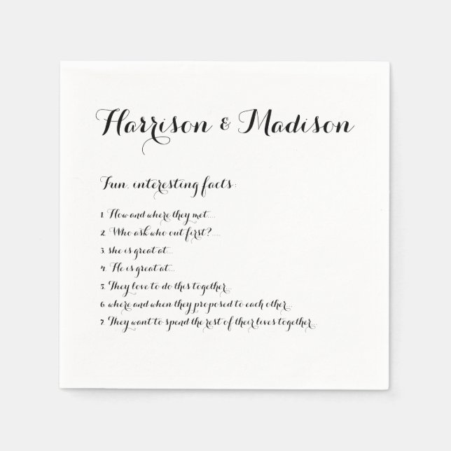 Wedding Script names Couple Fun Facts paper Napkins (Front)