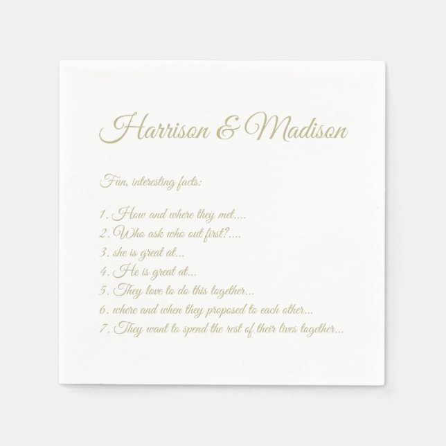 Wedding Script names Couple Fun Facts sage green Napkins (Front)