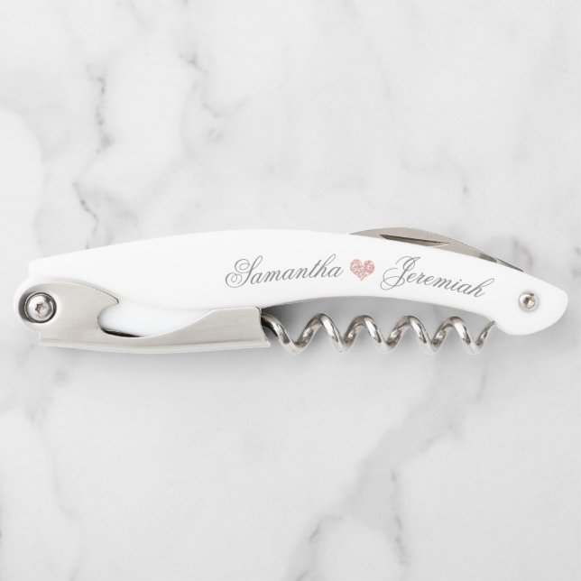 Wedding Script Rose Gold Glitter Heart Monogrammed Waiter's Corkscrew (Front)