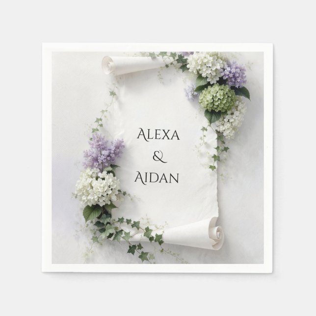 Wedding Scroll with Lilacs and Hydrangeas  Napkins (Front)