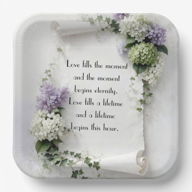 Wedding Scroll with Lilacs and Hydrangeas  Paper Plates (Front)