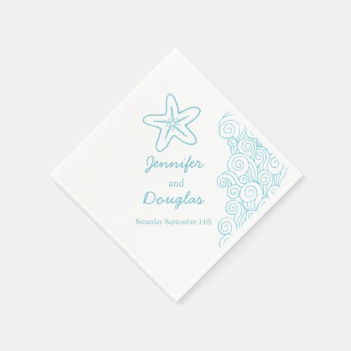 Wedding sea star swirl aqua white paper napkin
