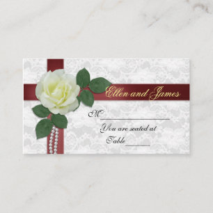 Wedding seating card white rose red ribbon