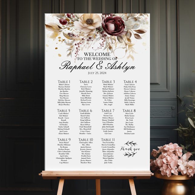 Wedding seating chart 11 tables, burgundy peonies (Creator Uploaded)