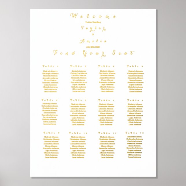 Wedding Seating Chart 12 Tables Real Gold Foil (Front)