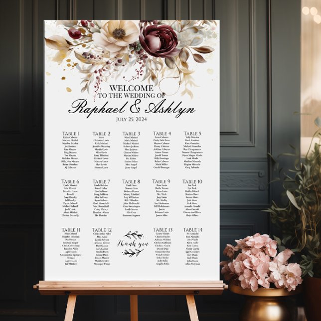 Wedding seating chart 14 tables, burgundy peonies (Creator Uploaded)