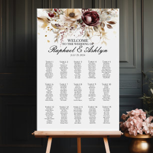 Wedding seating chart 15 tables, burgundy peonies