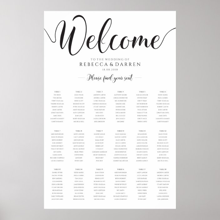 Wedding Seating Chart 18 Tables Zazzle