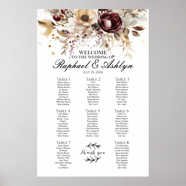 Wedding seating chart 8 tables, burgundy peonies (Front)