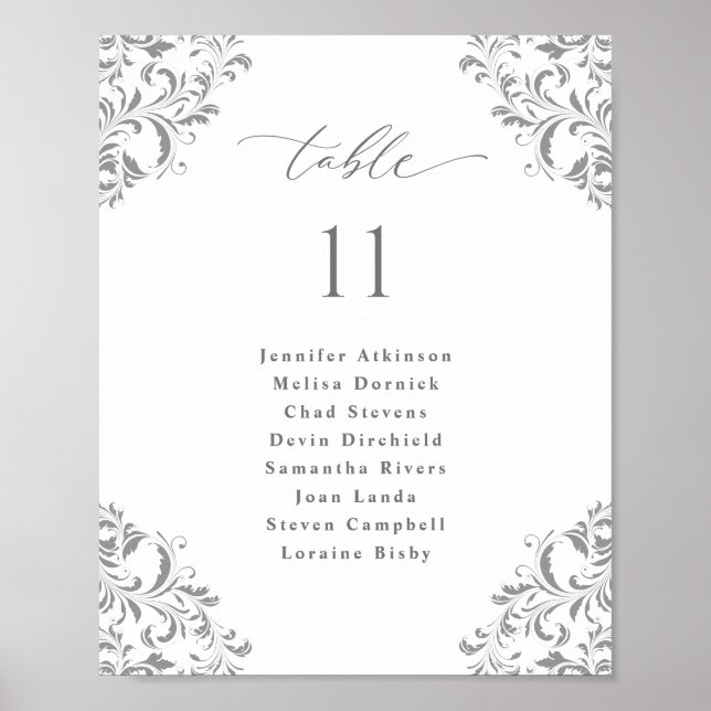 Wedding Seating Chart 8x10 Silver Gray Flourish (Front)