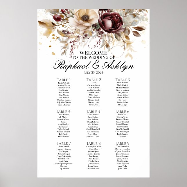 Wedding seating chart 9 tables, burgundy peonies (Front)