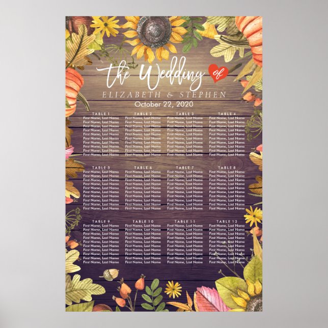 Wedding Seating Chart Autumn Leaves Pumpkins Wood (Front)
