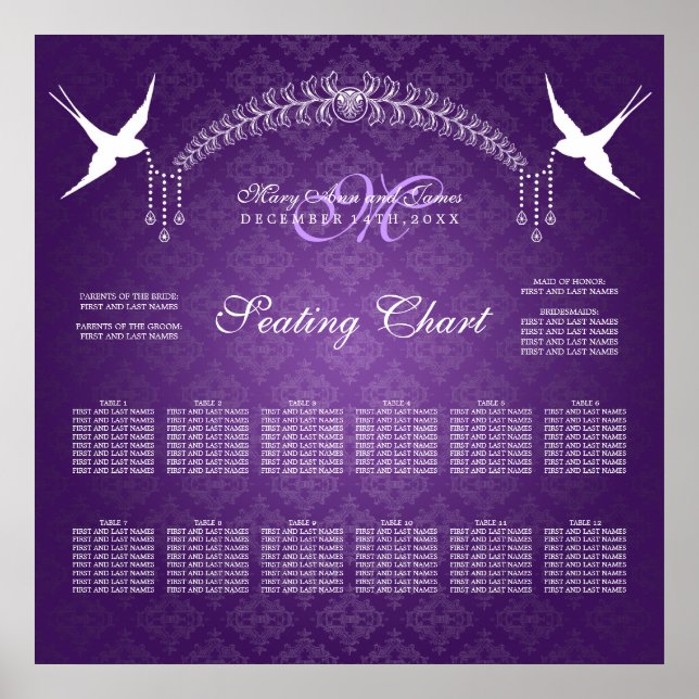 Wedding Seating Chart Birds Monogram Purple (Front)