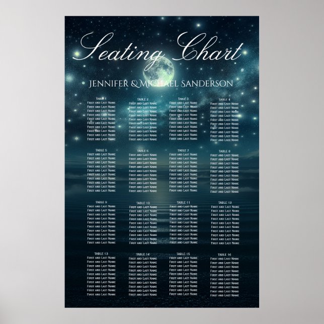 Wedding Seating Chart Blue Moon Starry Night (Front)