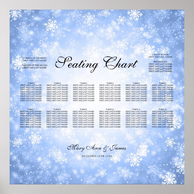 Wedding Seating Chart Blue Winter Wonderland (Front)
