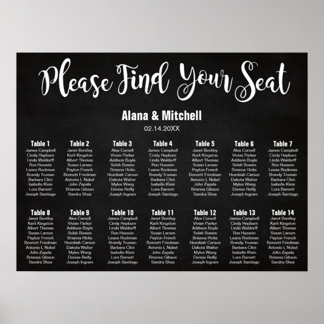 Wedding Seating Chart, Calligraphy Custom Color Poster (Front)
