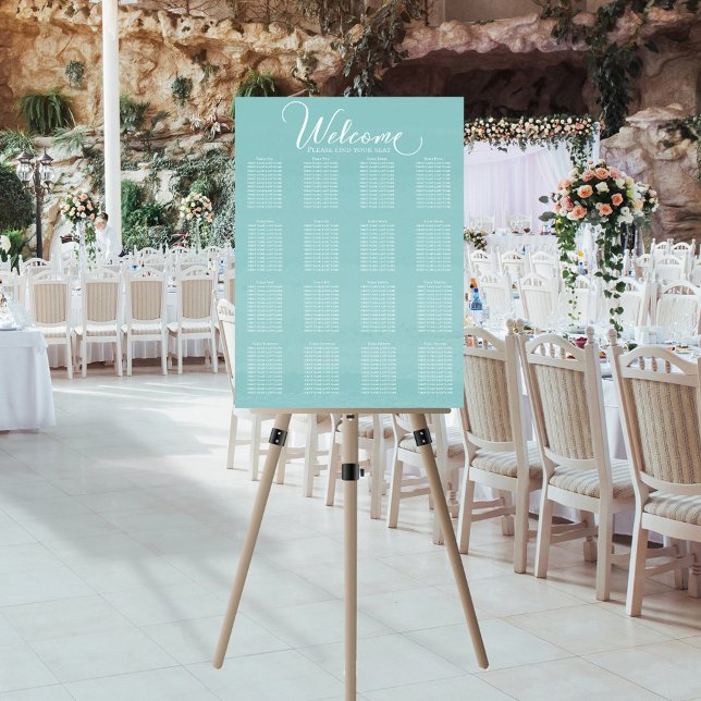 Wedding Seating Chart Calligraphy Turquoise Foam Board (Simple turquoise blue watercolor background seating chart. )