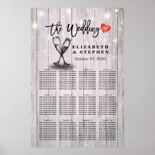 Wedding Seating Chart Champagne Glasses Wood Light Zazzle