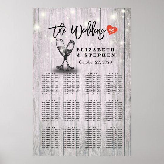 Wedding Seating Chart Champagne Glasses Wood Light