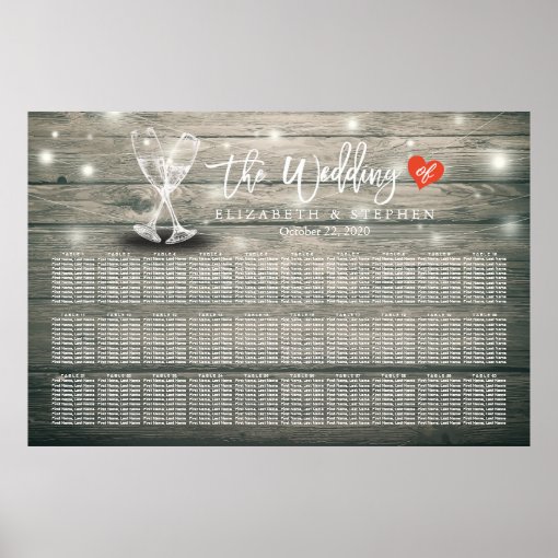 Wedding Seating Chart Champagne Glasses Wood Light Zazzle