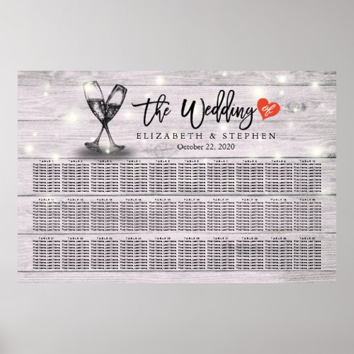 Wedding Seating Chart Champagne Glasses Wood Light