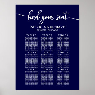 Wedding Seating Chart Chic Calligraphy Navy Blue