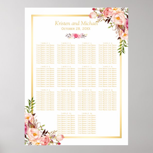 Wedding Seating Chart Classy Chic Floral Gold Poster