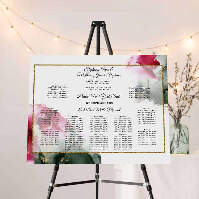 Wedding Seating Chart Crimson Sage Fluid Art  Foam Board (In Situ (Stand))