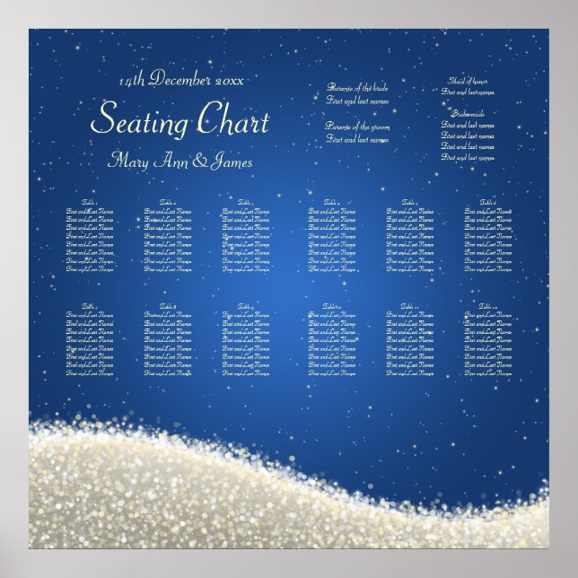 Wedding Seating Chart Dazzling Sparkles Blue (Front)