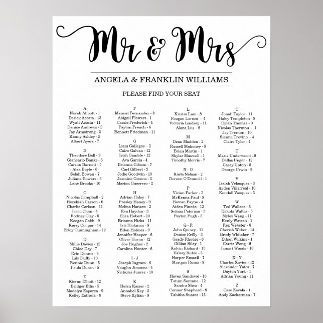 Wedding Seating Chart, Editable Background Color Poster (Front)